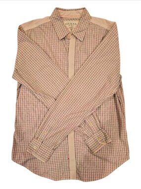 Guess Mens Plaid Long Sleeve Button-Up Shirt M Beige & Red Cotton